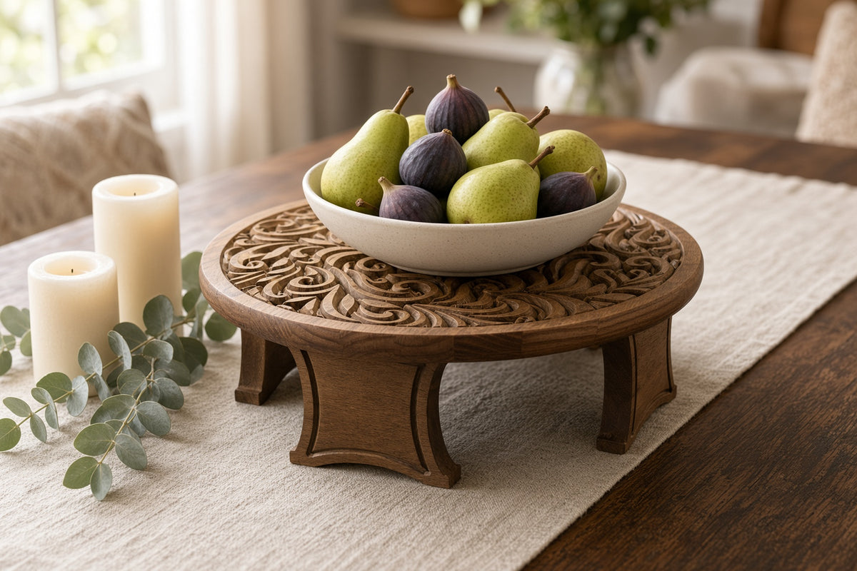 18" Carved Wood Lazy Susan – Swirl or Mandala Design, Tool-Free Legs (3" or 6")