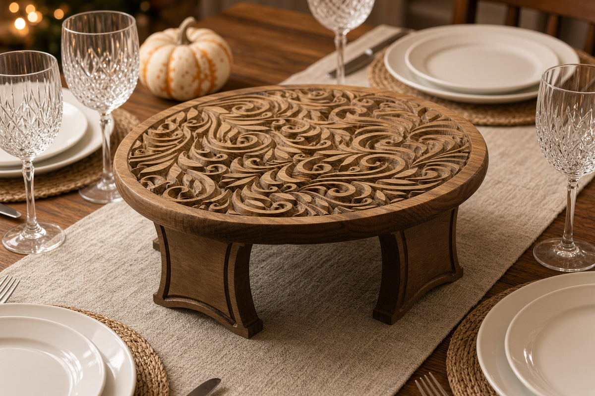 18" Carved Wood Lazy Susan – Swirl or Mandala Design, Tool-Free Legs (3" or 6")