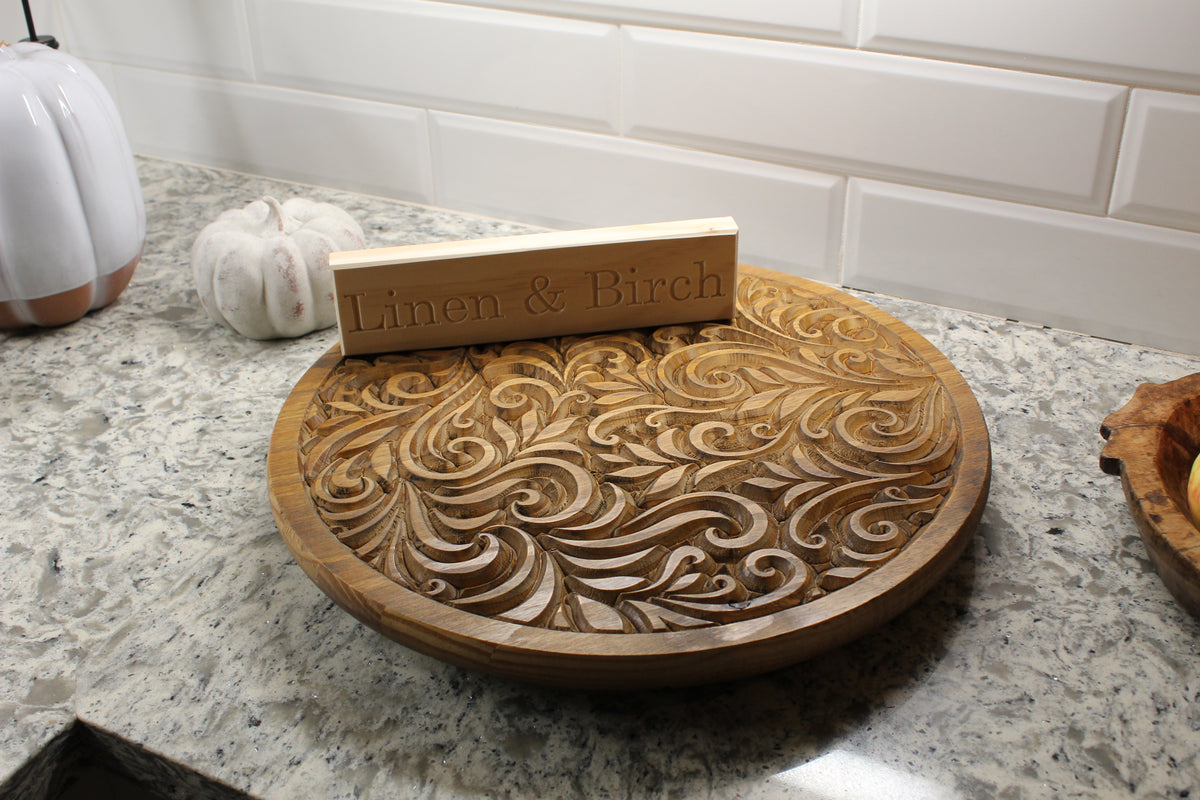 18" Carved Wood Lazy Susan – Swirl or Mandala Design, Tool-Free Legs (3" or 6")