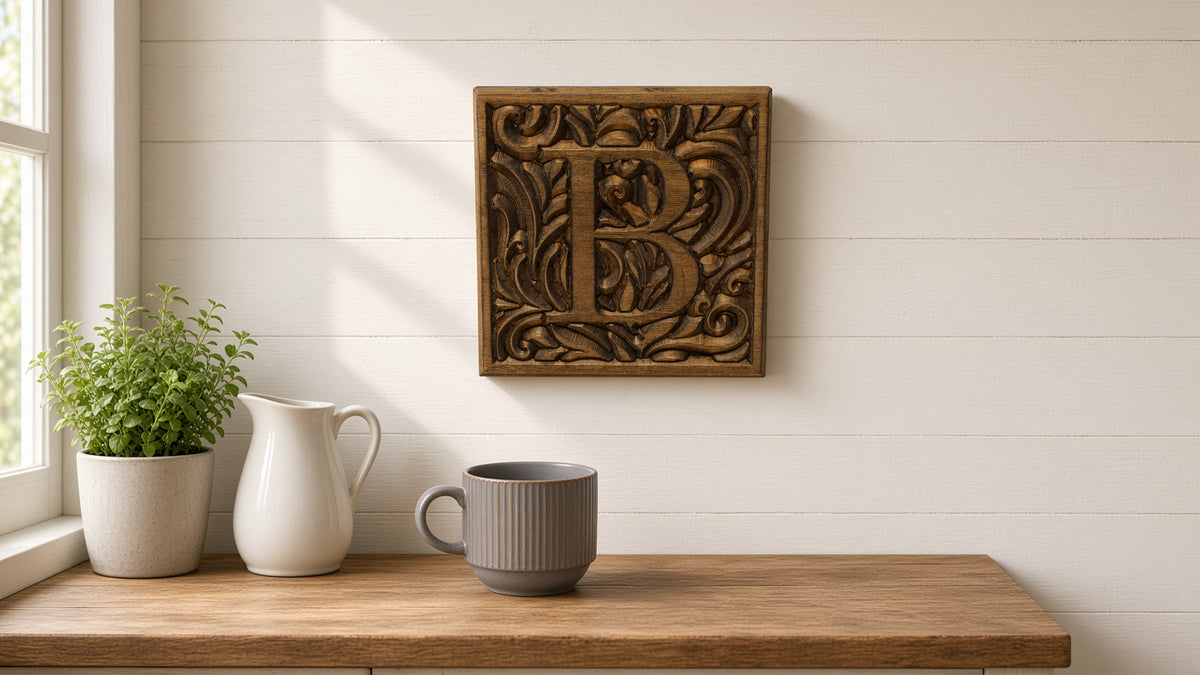 Carved Wood Monogram Letter Plaque 10"x10" – Custom Initial Wall Sign, Farmhouse Entryway Decor, Wedding Housewarming Gift