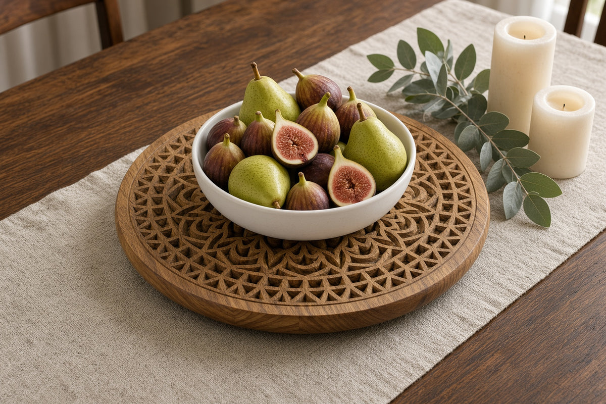 18" Carved Wood Lazy Susan – Swirl or Mandala Design, Tool-Free Legs (3" or 6")