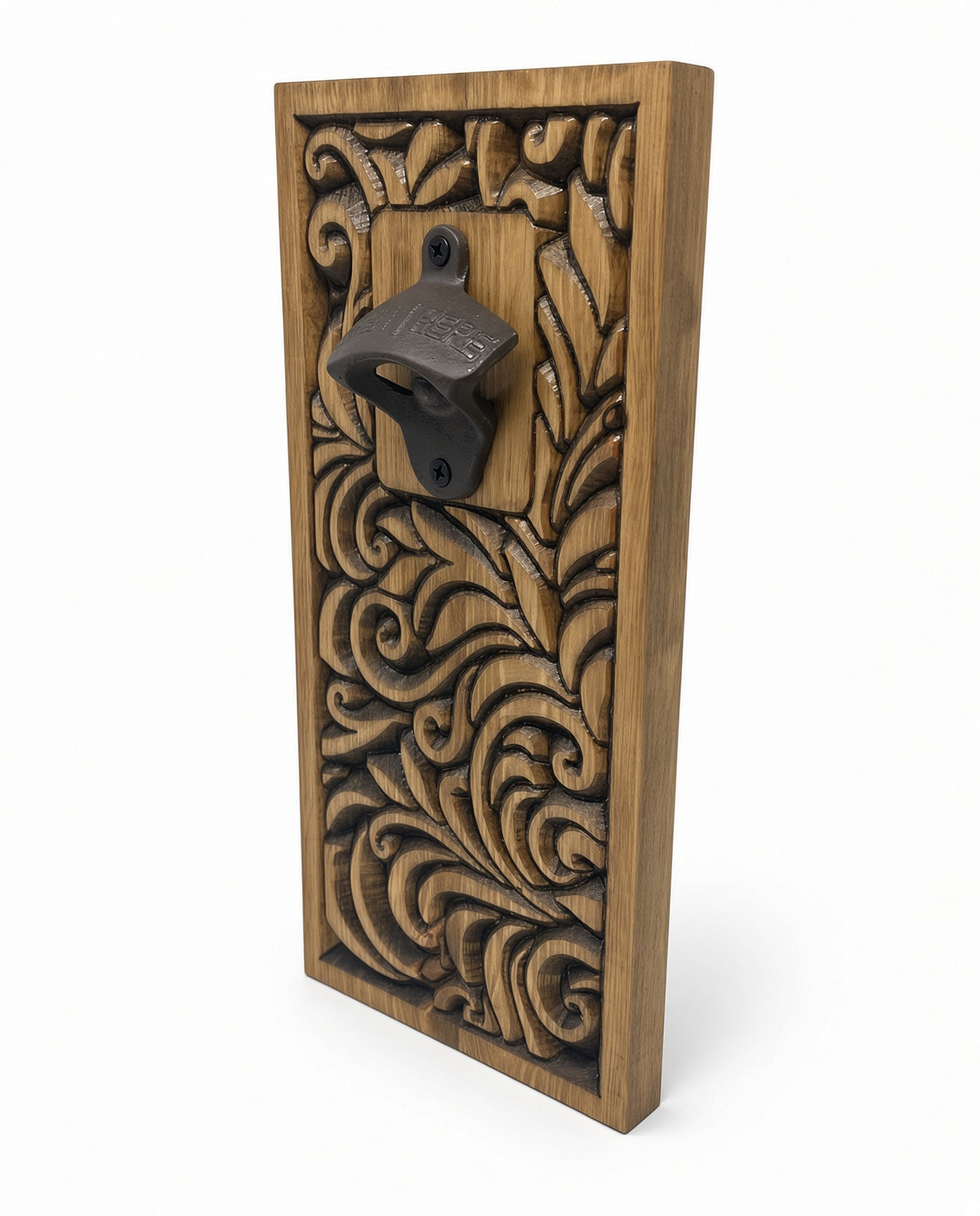 Carved Wood Wall Mount Bottle Opener | Rustic Leaf-Scroll Design, Cast Iron Opener
