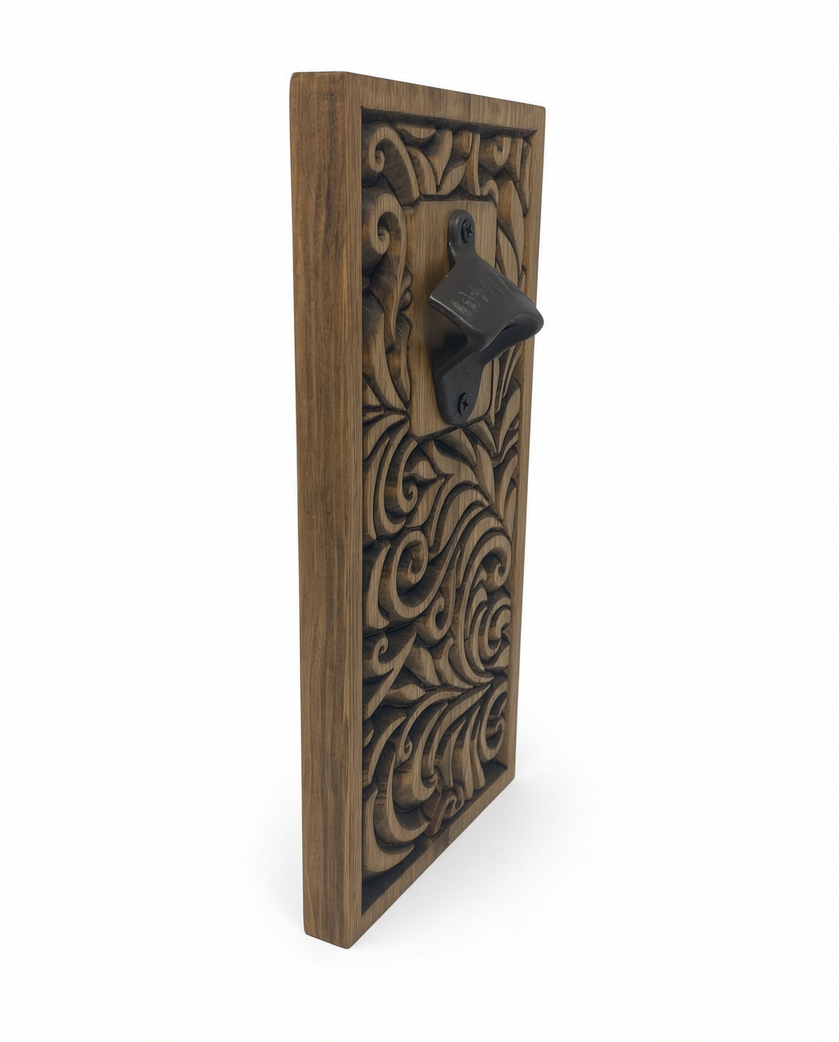 Carved Wood Wall Mount Bottle Opener | Rustic Leaf-Scroll Design, Cast Iron Opener
