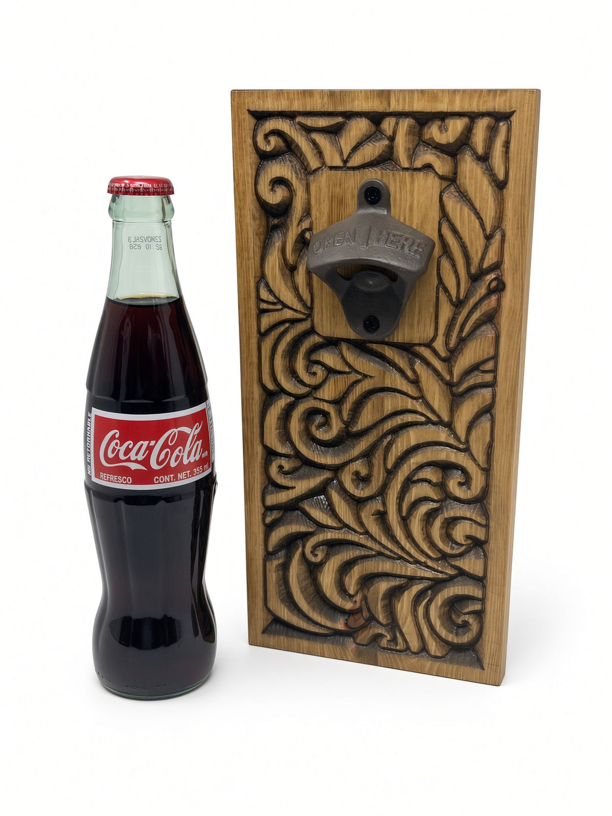 Carved Wood Wall Mount Bottle Opener | Rustic Leaf-Scroll Design, Cast Iron Opener