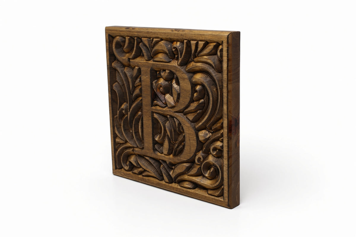 Carved Wood Monogram Letter Plaque 10"x10" – Custom Initial Wall Sign, Farmhouse Entryway Decor, Wedding Housewarming Gift
