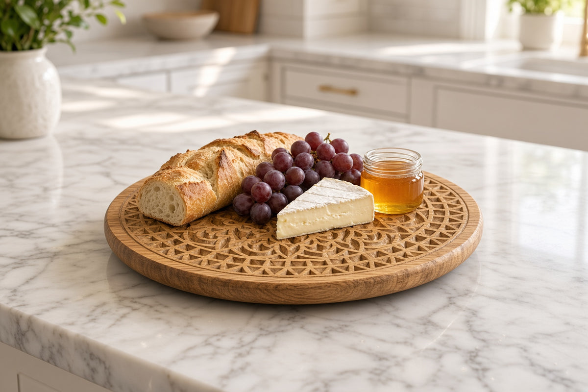 18" Carved Wood Lazy Susan – Swirl or Mandala Design, Tool-Free Legs (3" or 6")
