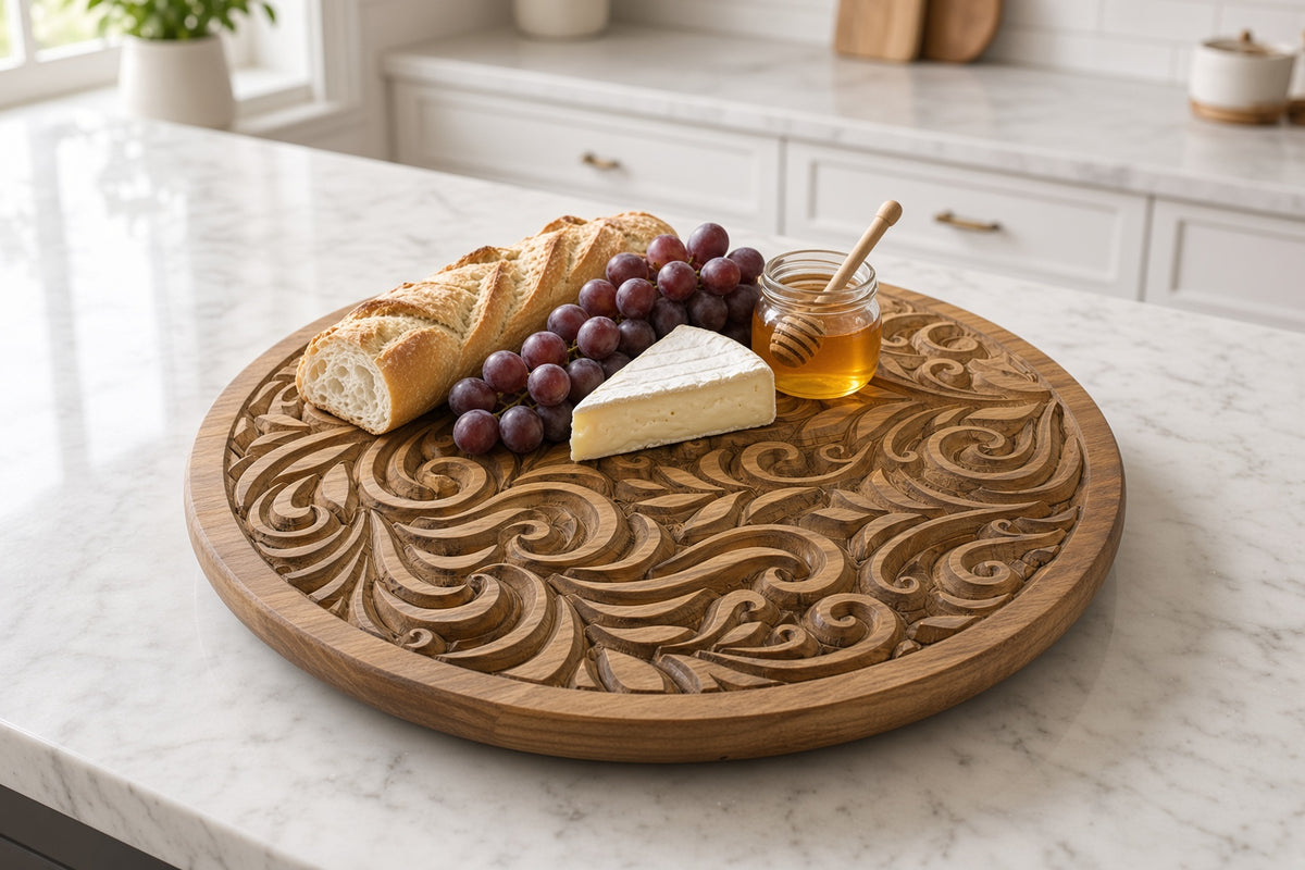 18" Carved Wood Lazy Susan – Swirl or Mandala Design, Tool-Free Legs (3" or 6")