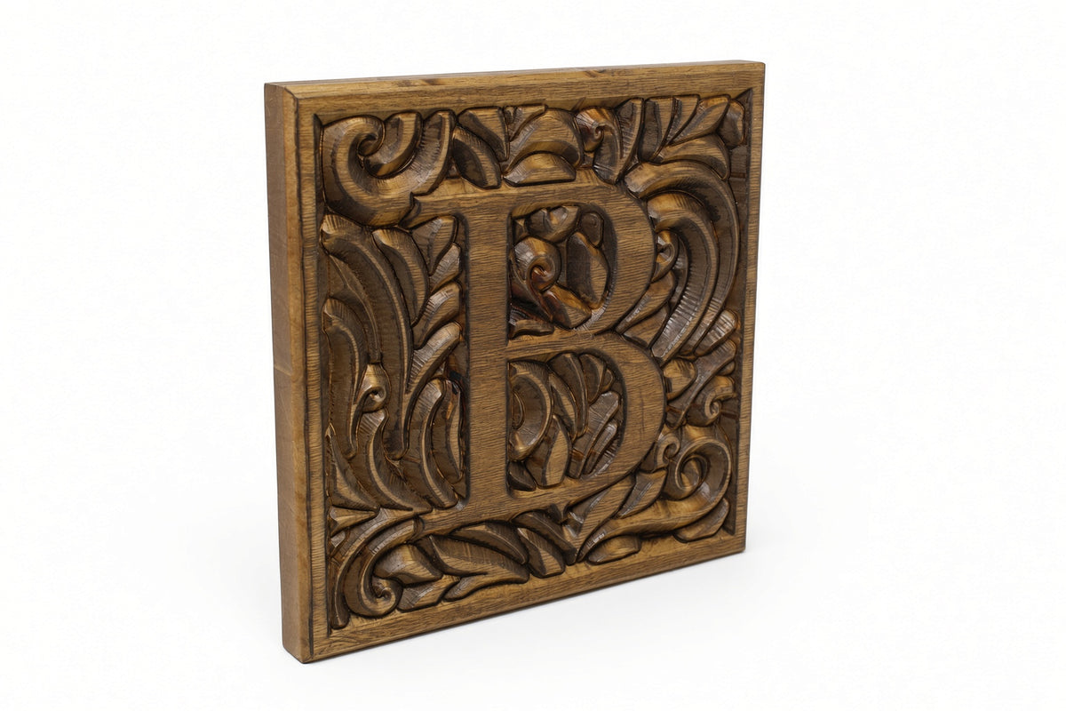 Carved Wood Monogram Letter Plaque 10"x10" – Custom Initial Wall Sign, Farmhouse Entryway Decor, Wedding Housewarming Gift