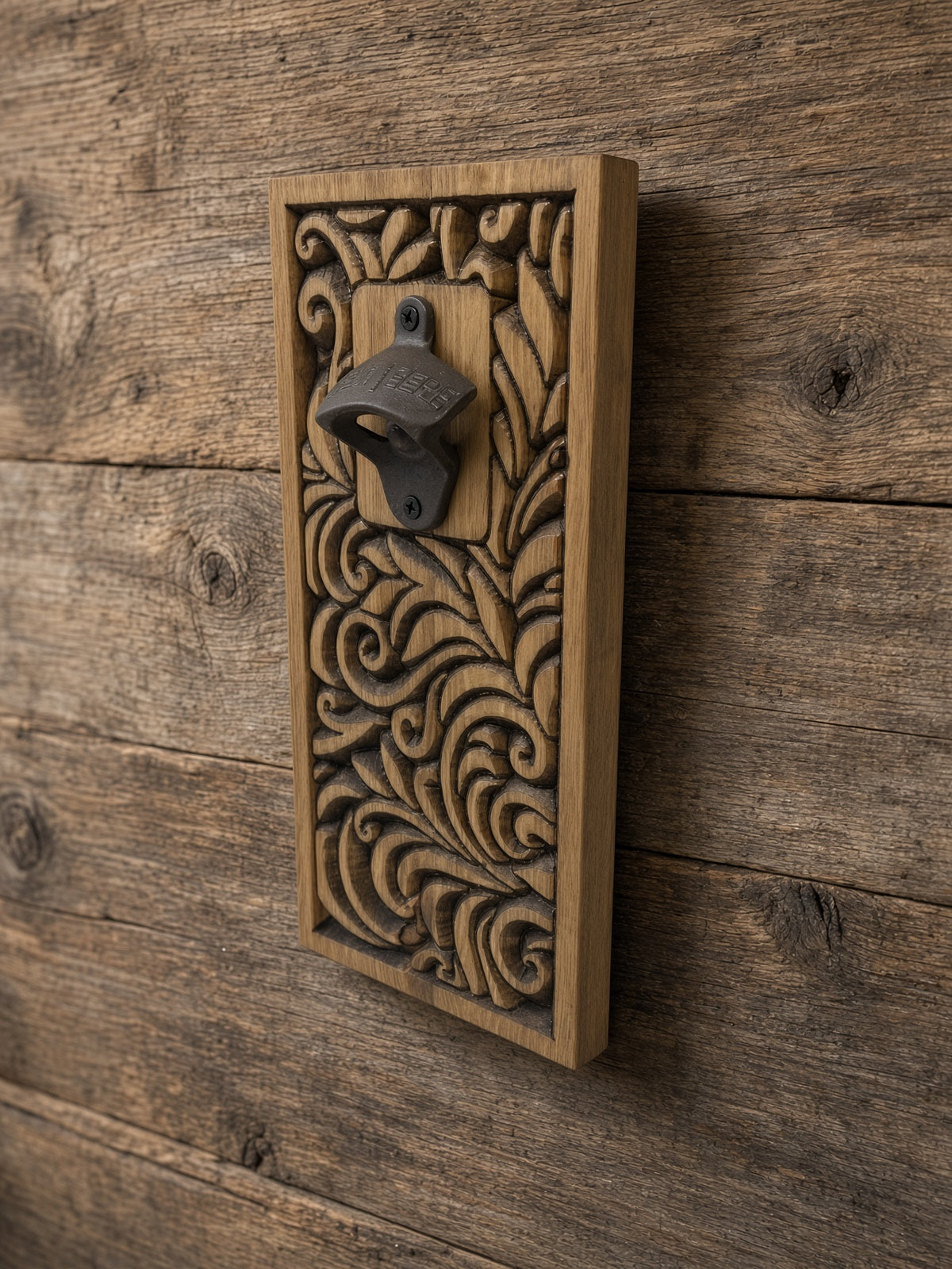 Carved Wood Wall Mount Bottle Opener | Rustic Leaf-Scroll Design, Cast Iron Opener
