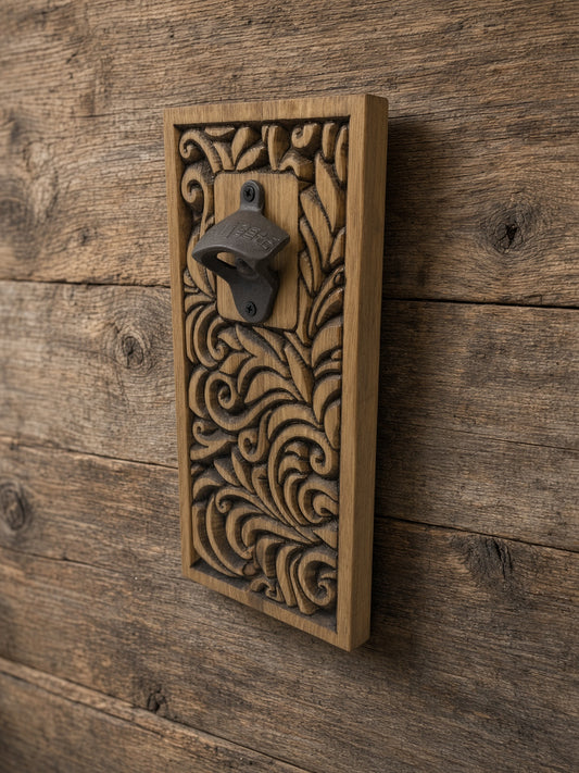 Carved Wood Wall Mount Bottle Opener | Rustic Leaf-Scroll Design, Cast Iron Opener