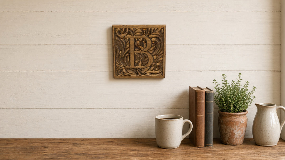 Carved Wood Monogram Letter Plaque 10"x10" – Custom Initial Wall Sign, Farmhouse Entryway Decor, Wedding Housewarming Gift