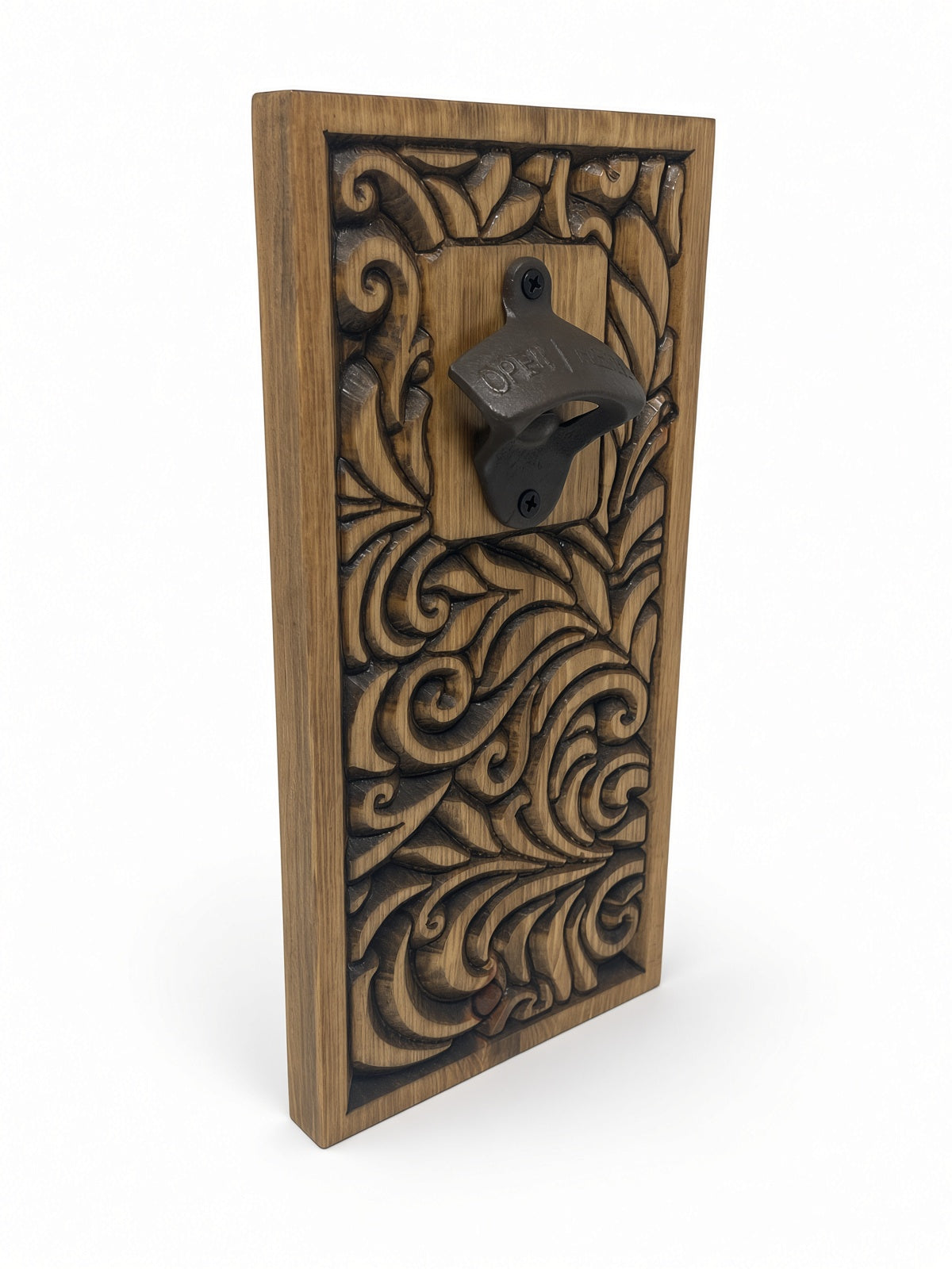 Carved Wood Wall Mount Bottle Opener | Rustic Leaf-Scroll Design, Cast Iron Opener
