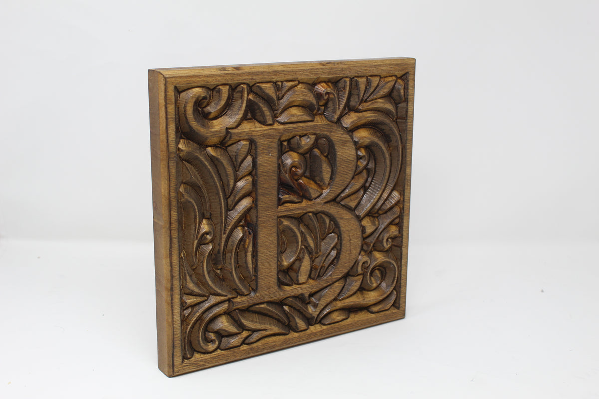 Carved Wood Monogram Letter Plaque 10"x10" – Custom Initial Wall Sign, Farmhouse Entryway Decor, Wedding Housewarming Gift