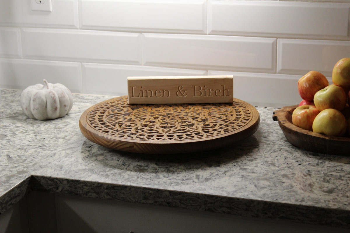 18" Carved Wood Lazy Susan – Swirl or Mandala Design, Tool-Free Legs (3" or 6")