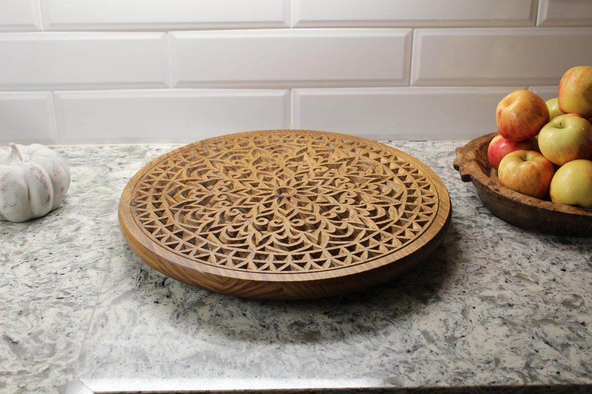 18" Carved Wood Lazy Susan – Swirl or Mandala Design, Tool-Free Legs (3" or 6")