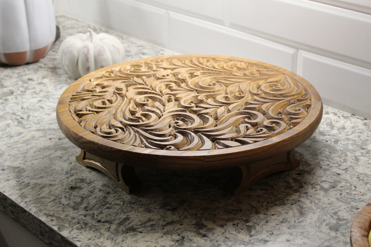 18" Carved Wood Lazy Susan – Swirl or Mandala Design, Tool-Free Legs (3" or 6")