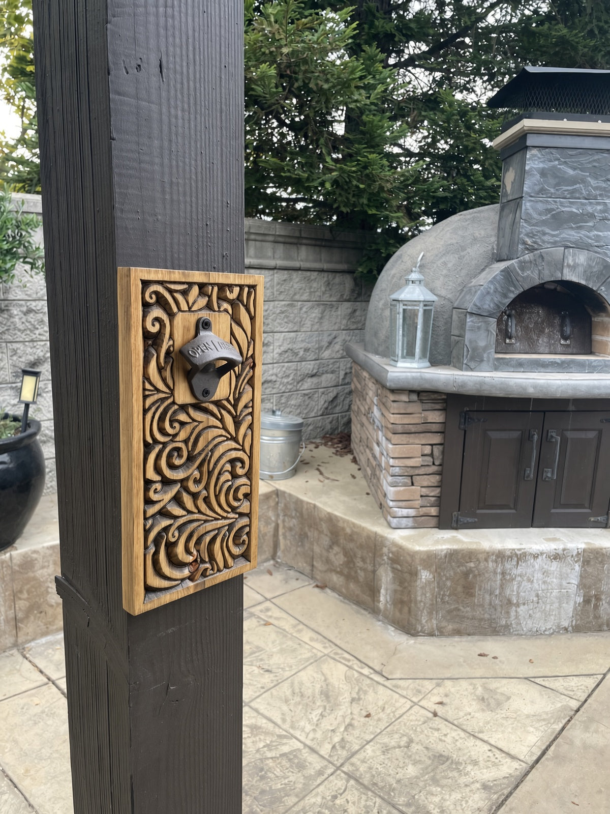 Carved Wood Wall Mount Bottle Opener | Rustic Leaf-Scroll Design, Cast Iron Opener