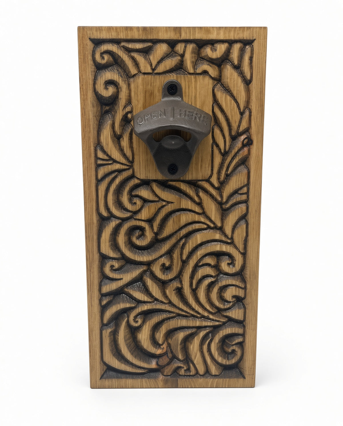 Carved Wood Wall Mount Bottle Opener | Rustic Leaf-Scroll Design, Cast Iron Opener