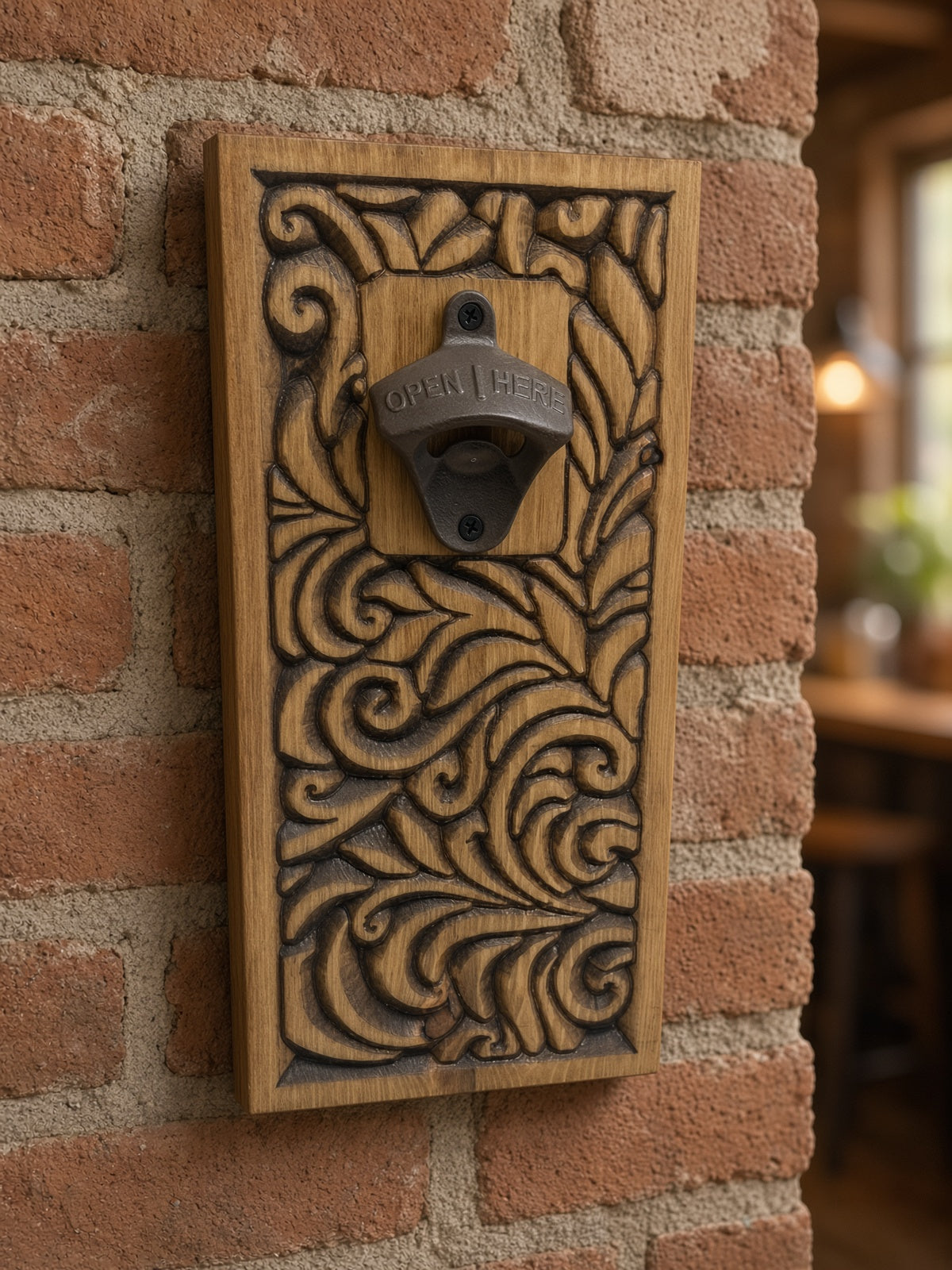 Carved Wood Wall Mount Bottle Opener | Rustic Leaf-Scroll Design, Cast Iron Opener